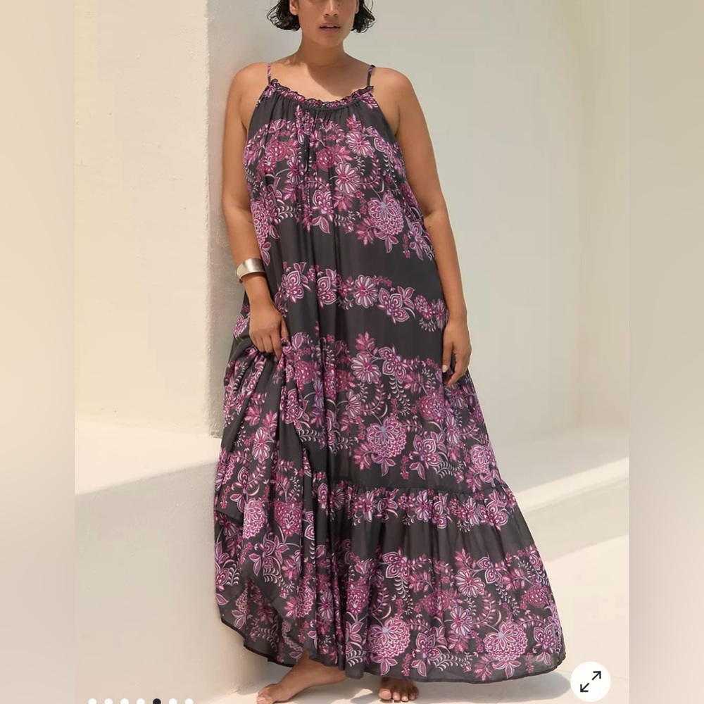 3X Anthropologie Black Maxi Dress with Pink Floral Print